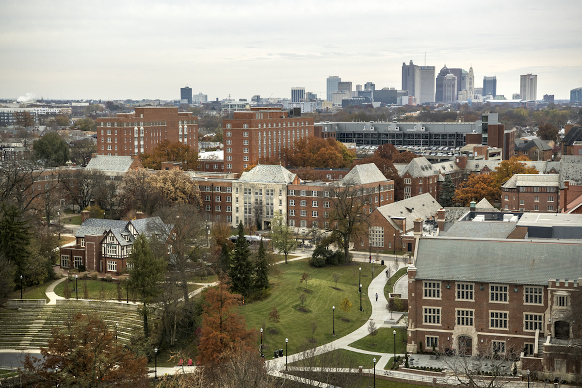 A picture of Ohio State campus with the Downtown Columbus skyline in the background