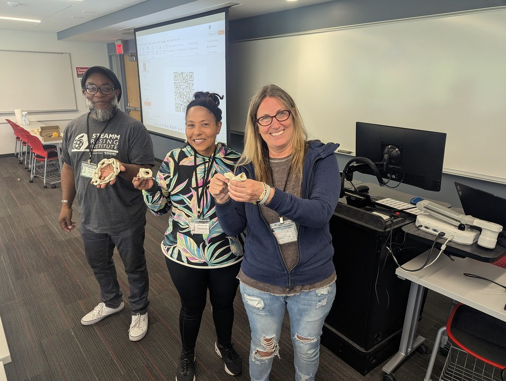 teaThree teachers display plasticine samples they created during a modeling exercise.