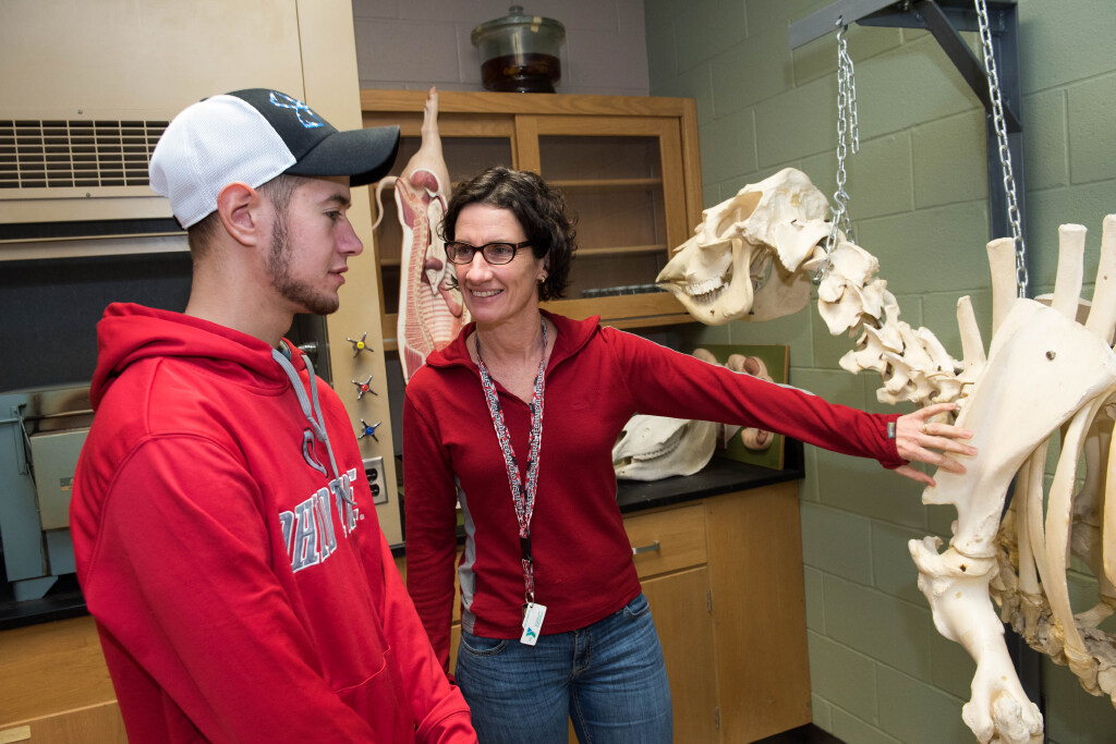 A professor stands with a student and explains a skeleton of an animal.