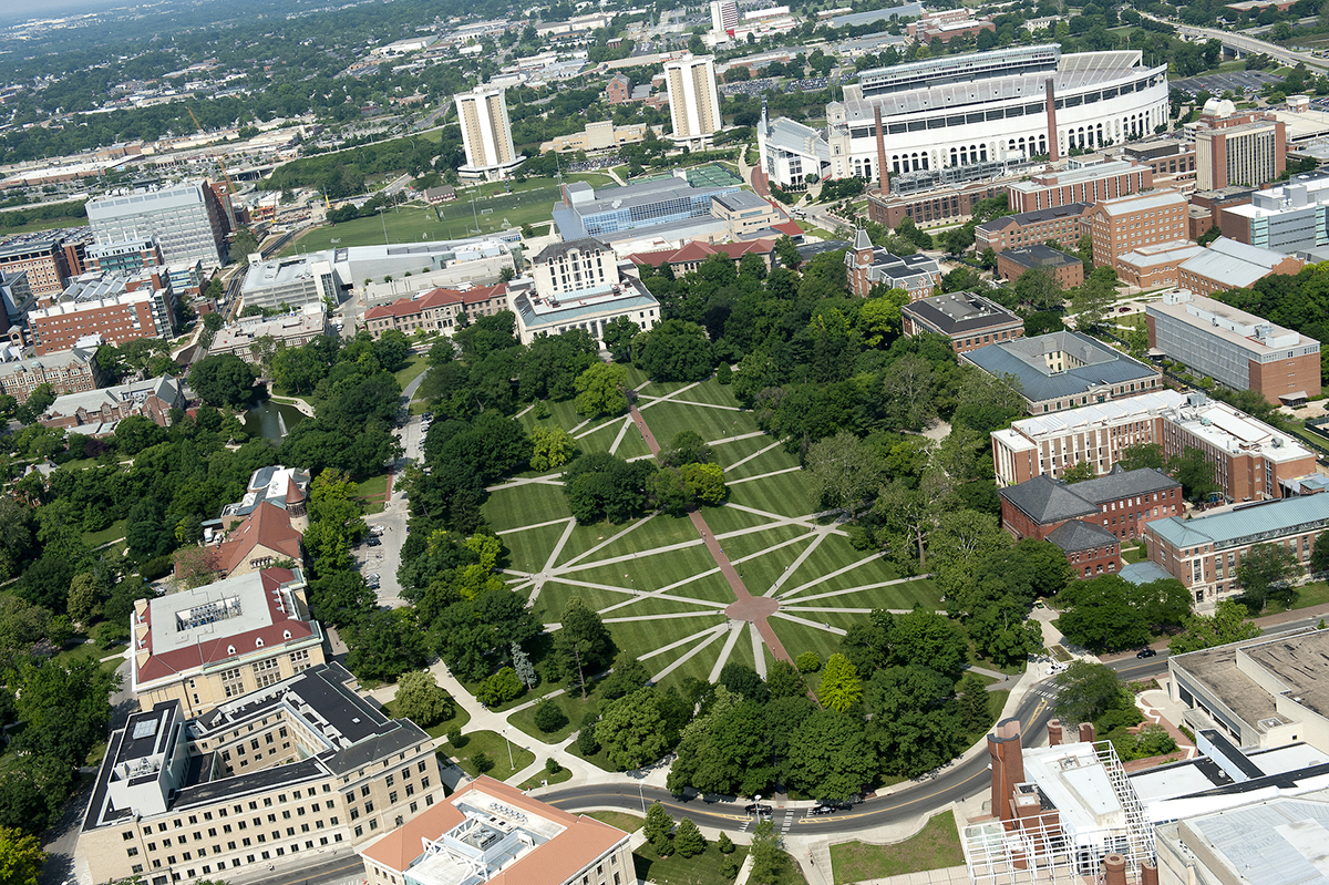 Aerial view of the Oval on Ohio State main campus.