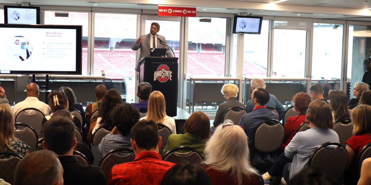 Provost Ravi Bellamkonda speaks at the announcement.