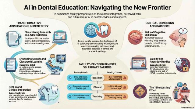 Infographic comparing benefits and barriers of AI in dental education, based on faculty discussion