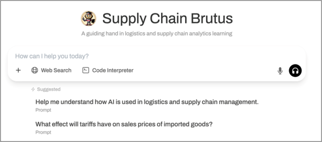 Screenshot of webpage to interact with Supply Chain Brutus, a virtual mentor.