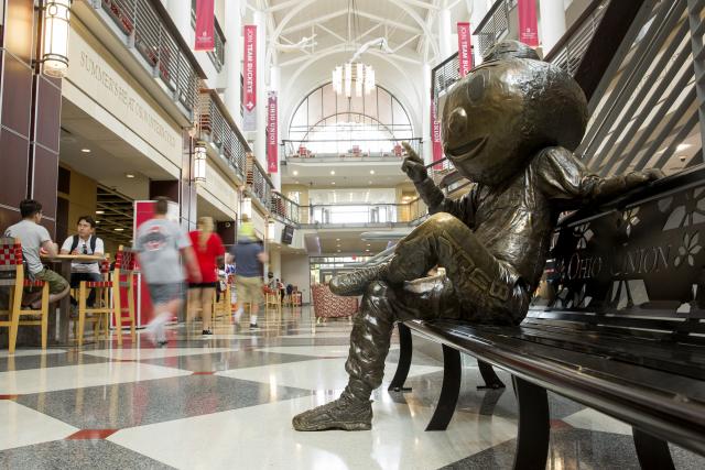 Seated Brutus Buckeye statue in the Ohio Union.