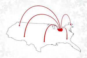 Outline of the United States with arched lines coming out of Ohio and landing in various states.